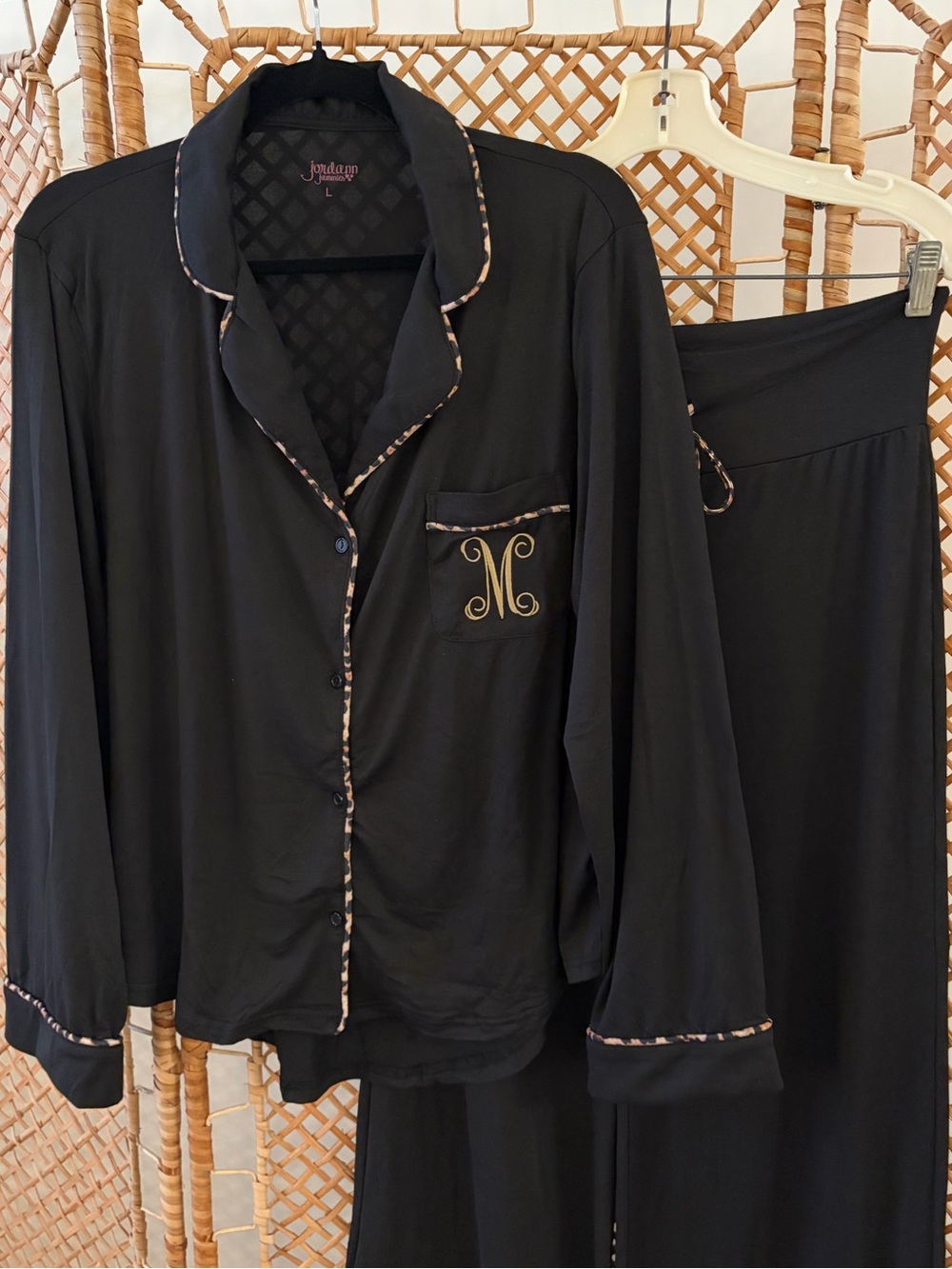 NWOT Black w/ Leopard Trim PJ Set w/ letter M Embroidered on Front Pocket - Picture 3 of 9